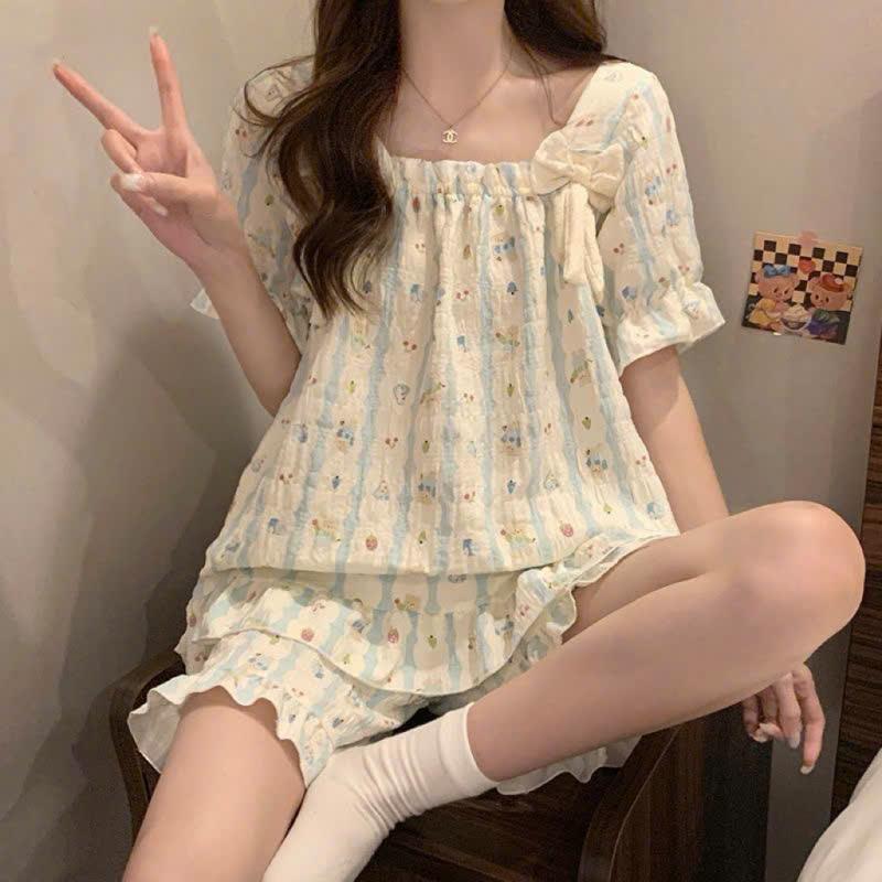 Đồ Bộ MiniPijama Tay Cộc Quần Đùi 2 Nơ Phối Bèo Nữ Tiểu Thư Họa Tiết Hoa Nhí Vải Đũi Xốp Có Size
