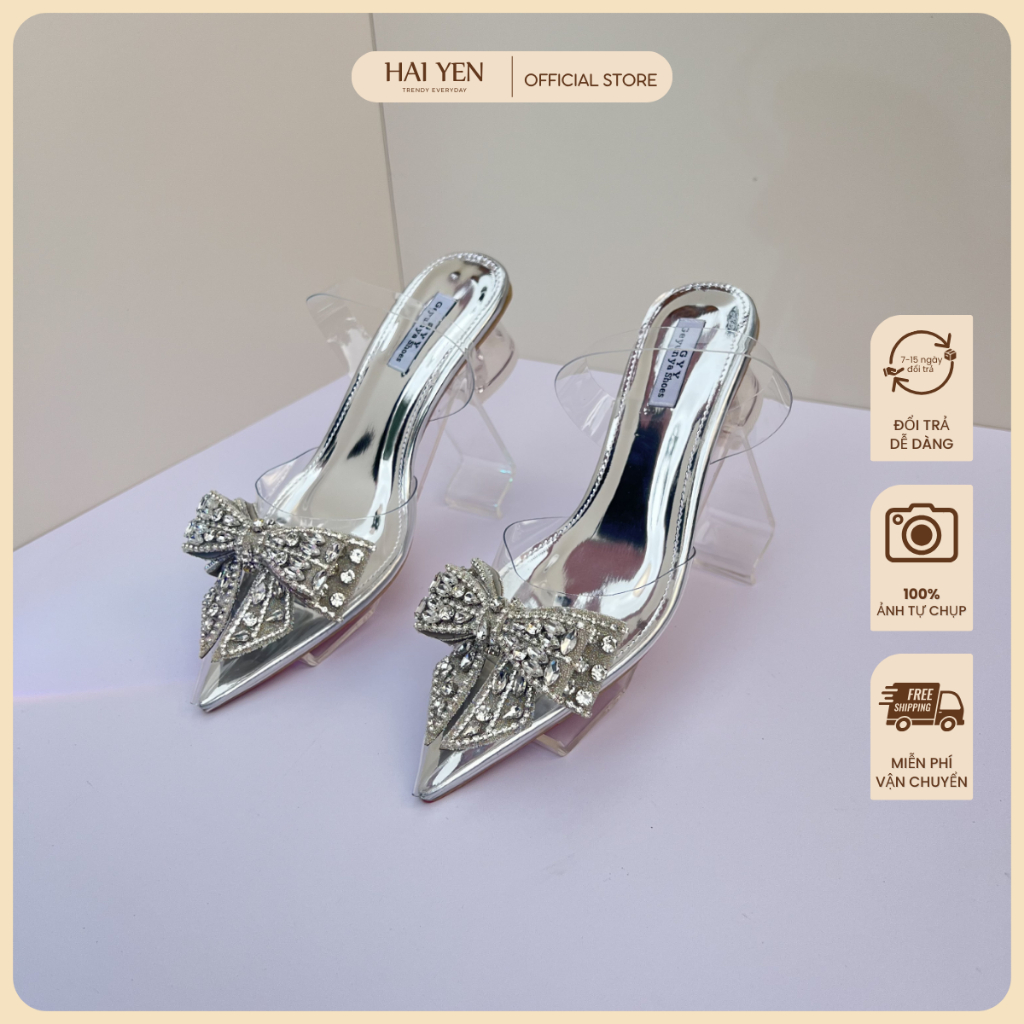 Giày Cao Gót Nữ Hải Yến Shoes B119, Giày Bling Bling Nơ Đá, Quai Hậu Trong Suốt, Gót Cao 5cm 7cm Form 1.5 Dễ Đi