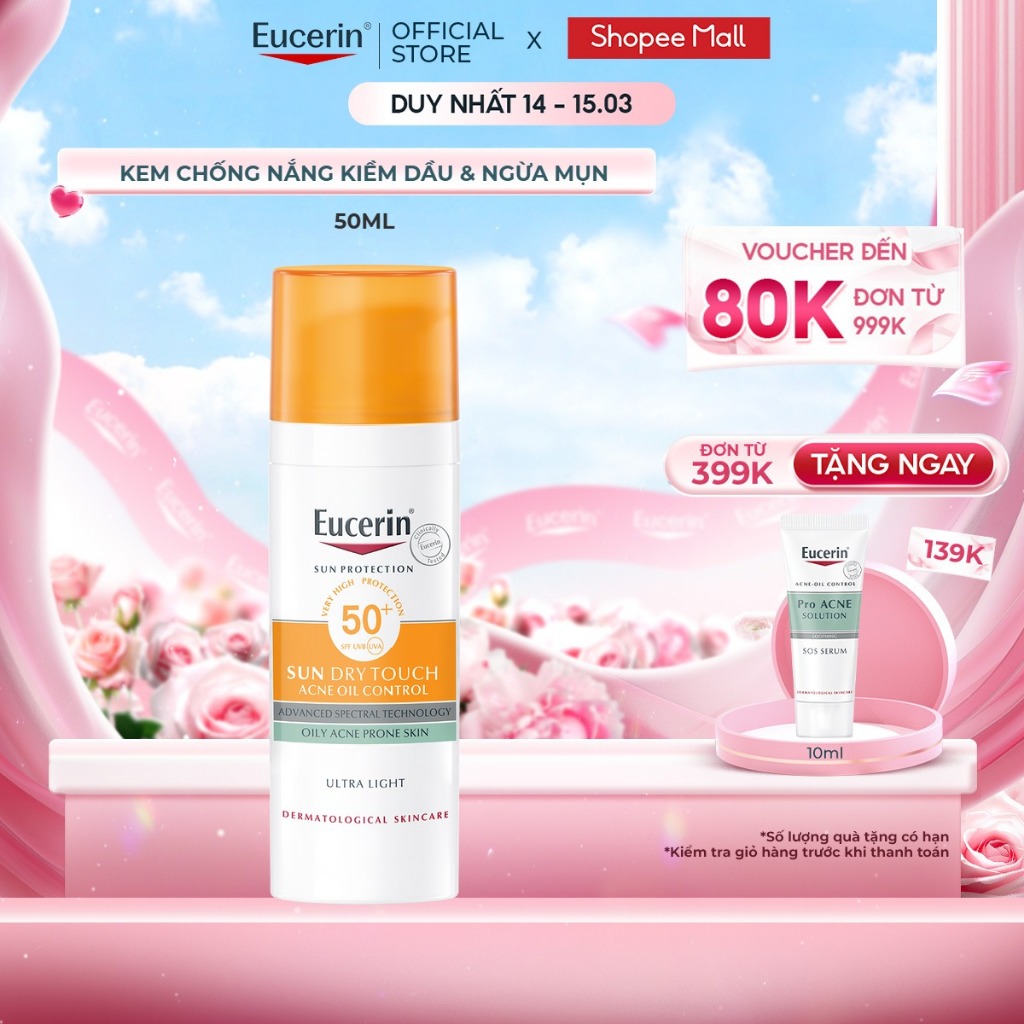 Kem chống nắng kiềm dầu & ngừa mụn Eucerin Sun Dry Touch SPF50+ 50ml