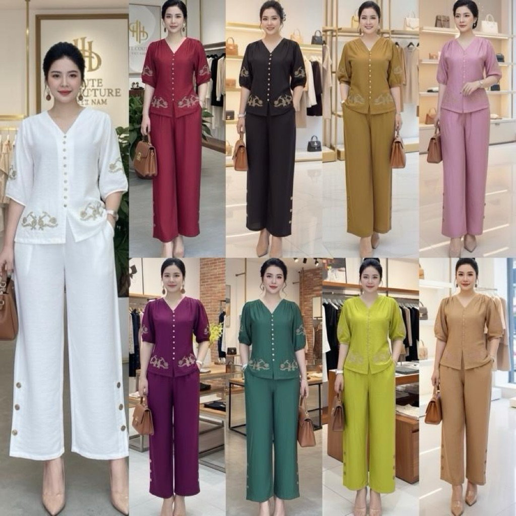 Đồ bộ trung niên vải lụa xước thêu , bộ gồm quần và áo , cổ tim , mã LX4