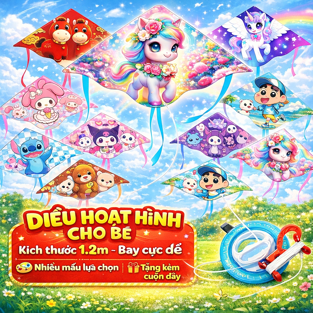 [FUNGUS] Diều Hoạt Hình Cho Bé 1.2m Siêu Dễ Bay | Diều Pikachu Stitch Kuromi Elsa Spiderman | Tặng Dây Diều