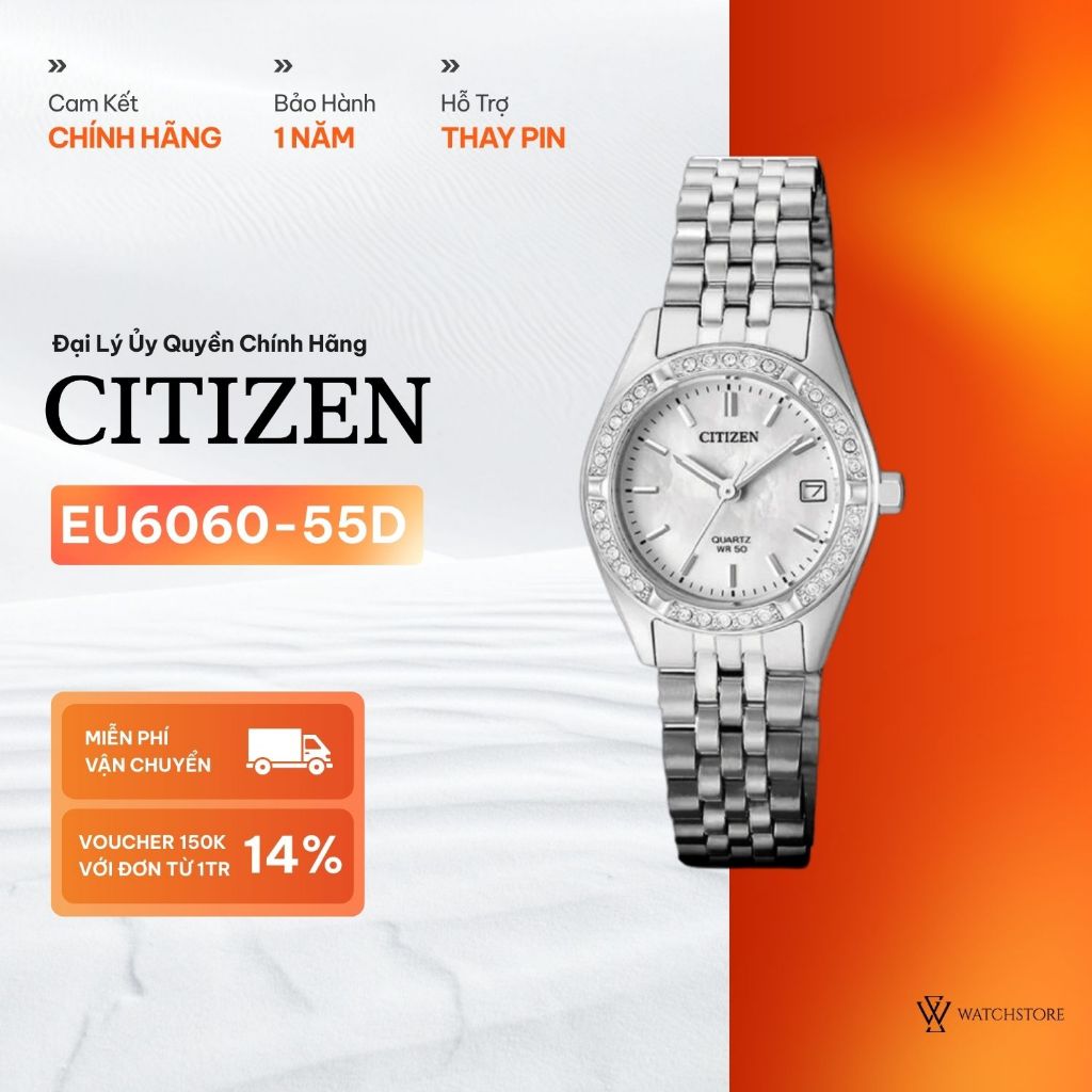 Đồng Hồ Citizen Nữ EU6060-55D Máy Pin/ Quart Kính Khoáng 26mm Dây Kim Loại Chính Hãng