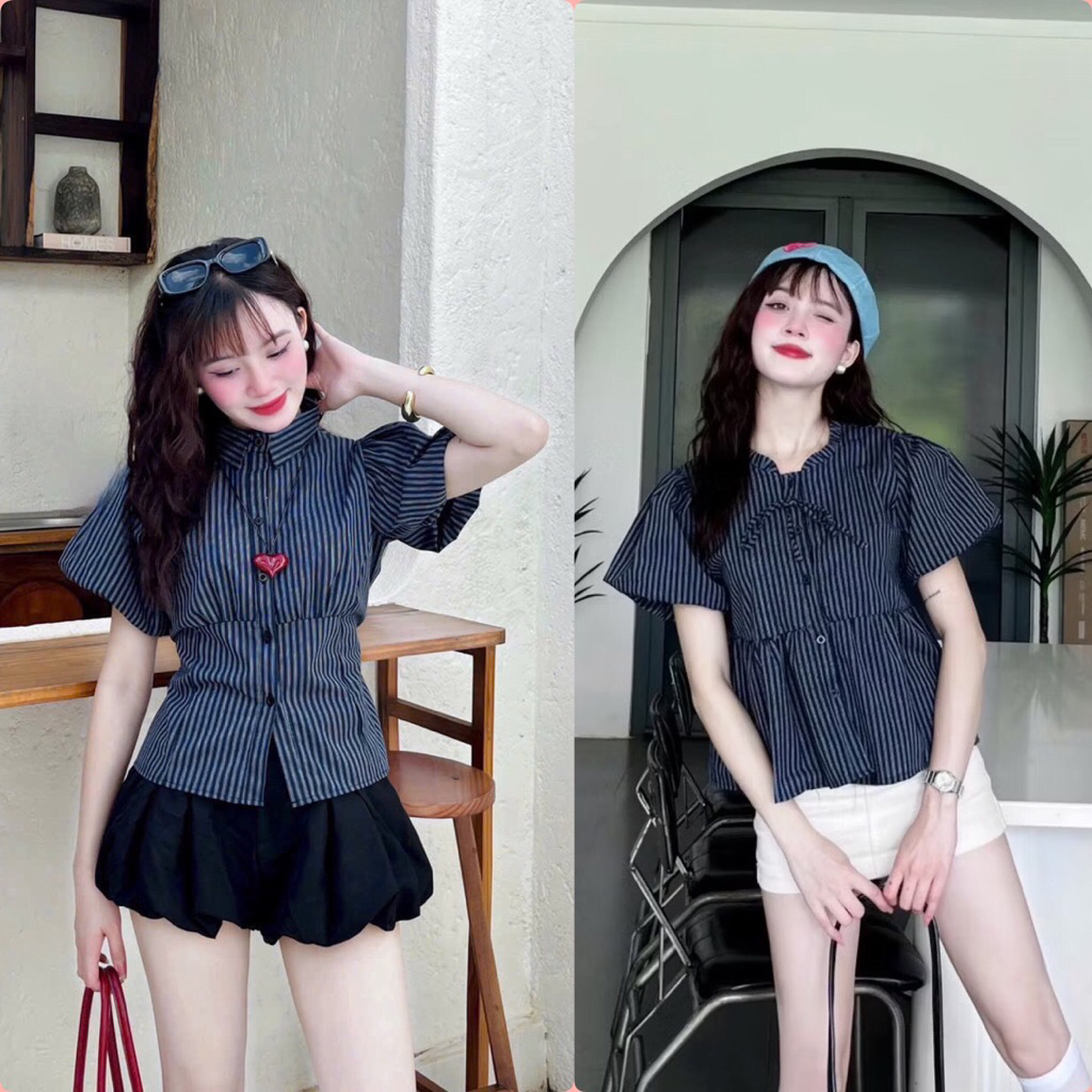 Áo babydoll kẻ sọc Hottrend - áokiểu sơ mi tay bồng thắt nơ sanh chảnh A14