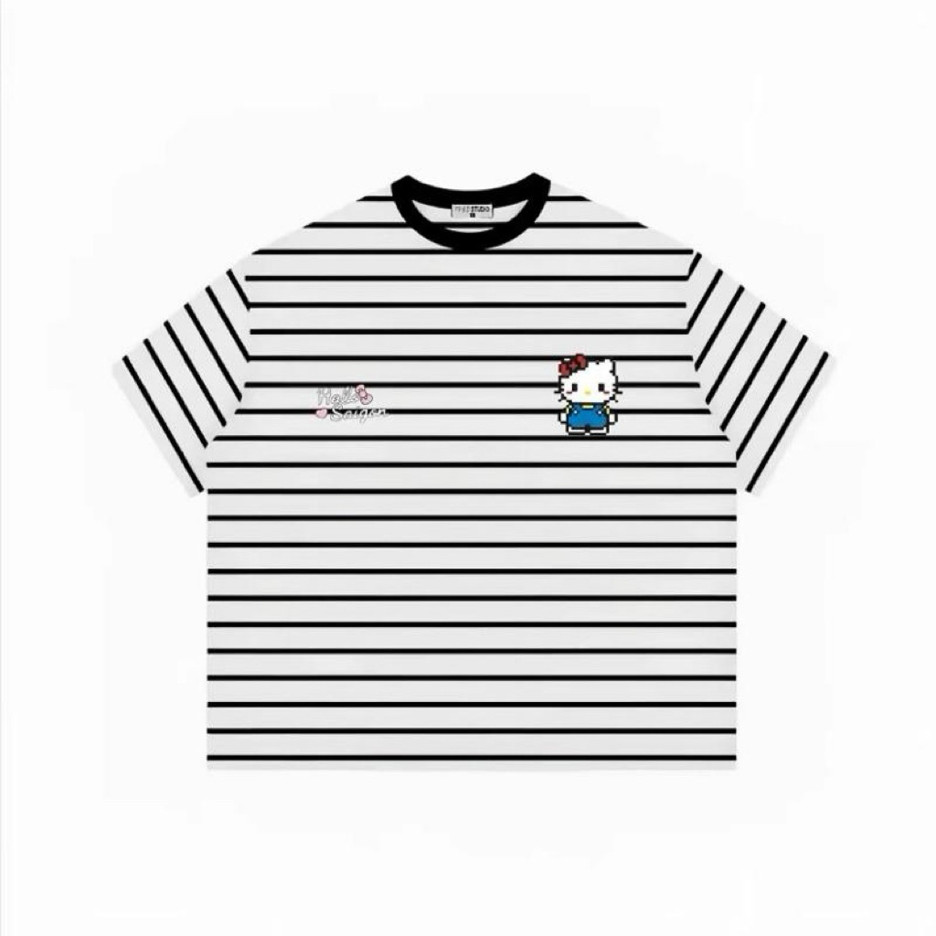 Thương Hiệu Hello Kitty Áo Thun Sọc Đen Trắng Phong Cách Thời Trang Unisex- Habo Cộc