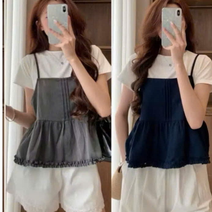 Set Đồ babydoll bánh bèo Áo Thun Trơn Cộc Tay Kèm Áo 2 Dây Xếp Ly Viền Bèo