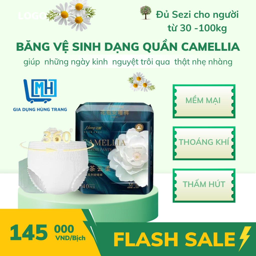 Băng vệ sinh dạng quần CAMELLIA Túi 40 miếng mềm mại, thoáng khí, thấm hút tốt size 30-100kg