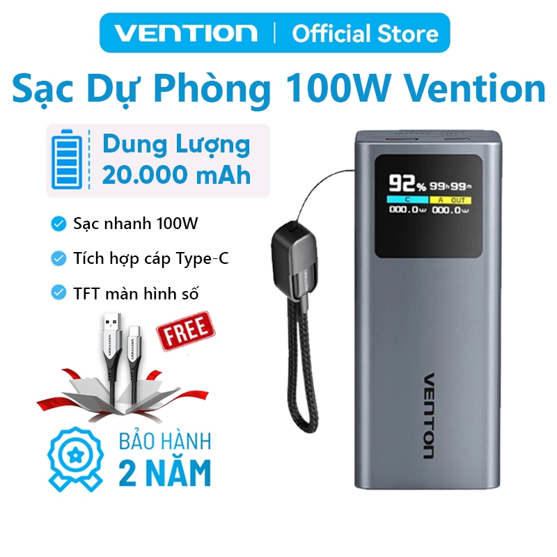 Pin Sạc Dự Phòng 20000mAh 100W Vention PD3.0, Màn Hình TFT Hiển Thị Thông Số, Có Sẵn Cáp USB-C