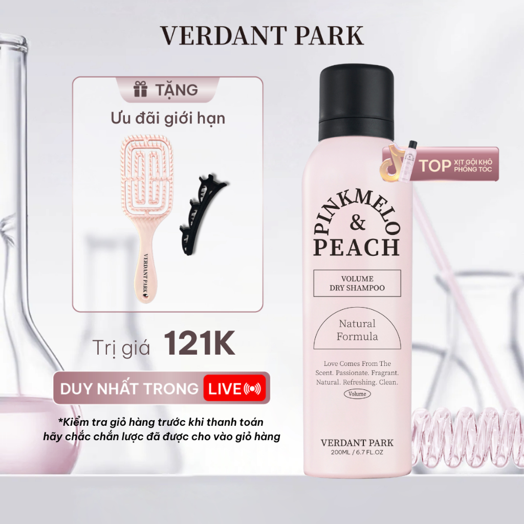 Xịt khô phồng tóc VERDANT PARK 200ml dầu gội khô kiềm dầu mùi Đào Pinkmelo Peach Verdantpark VDPK01