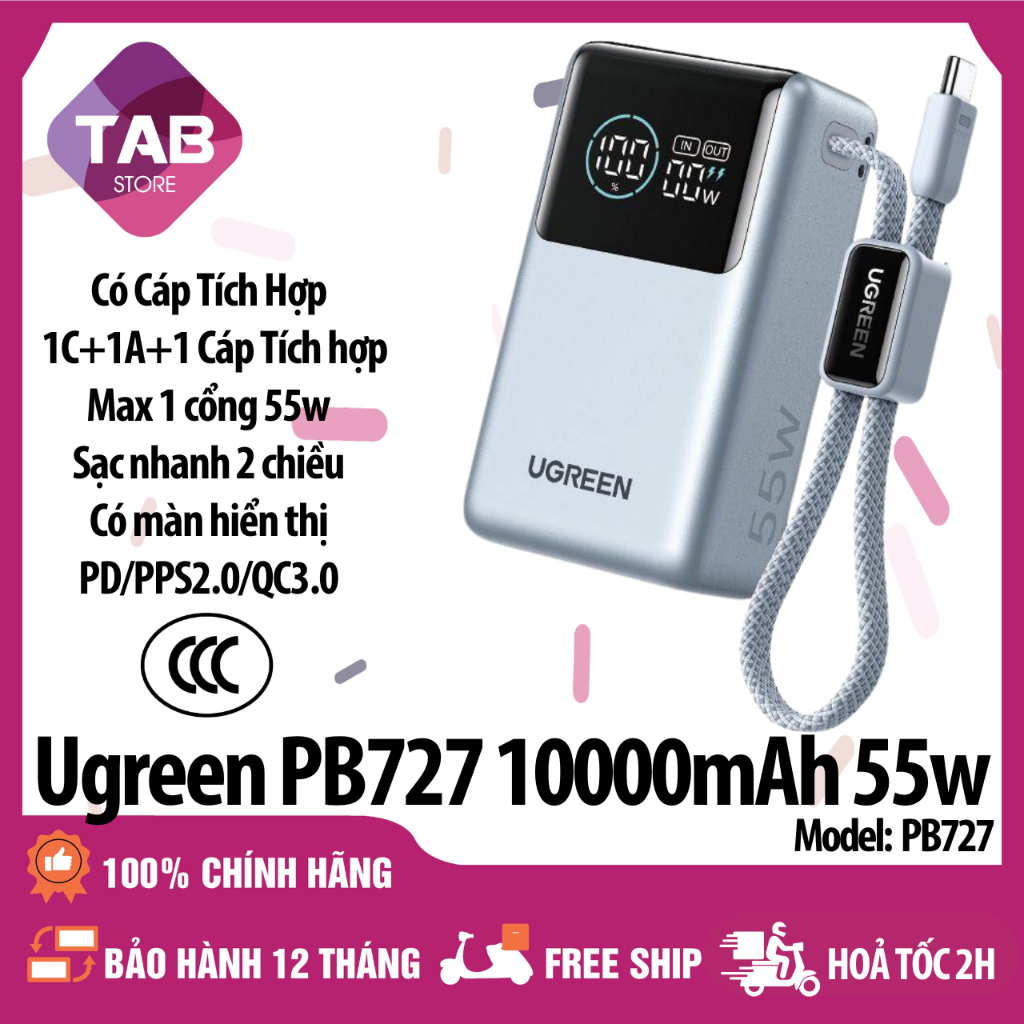 Sạc UGREEN PB727 10000mAh 55W 3 Cổng Cáp Tích Hợp - Bảo Hành 12 Tháng