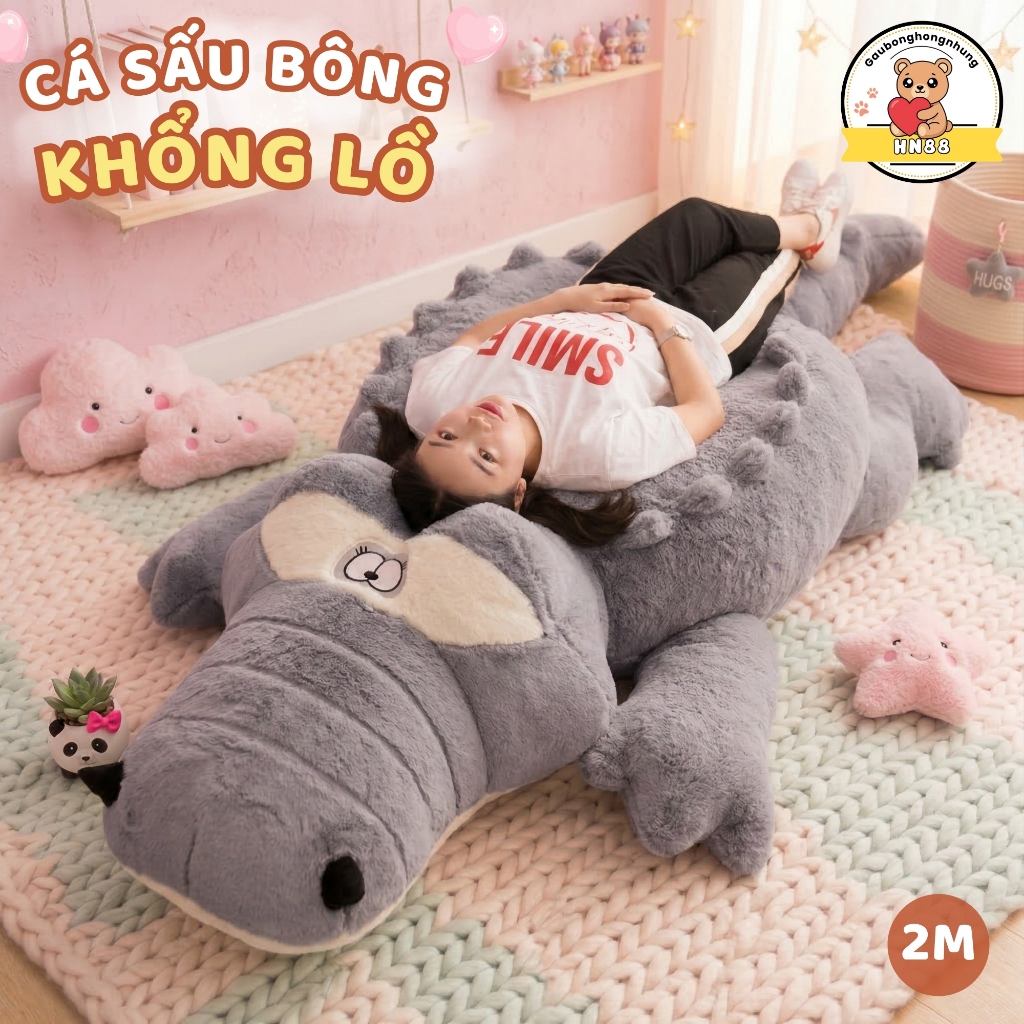 Gấu Bông Cá Sấu Khổng Lồ 2M Hai Màu Xám & Xanh - Gấu Bông Hồng Nhung