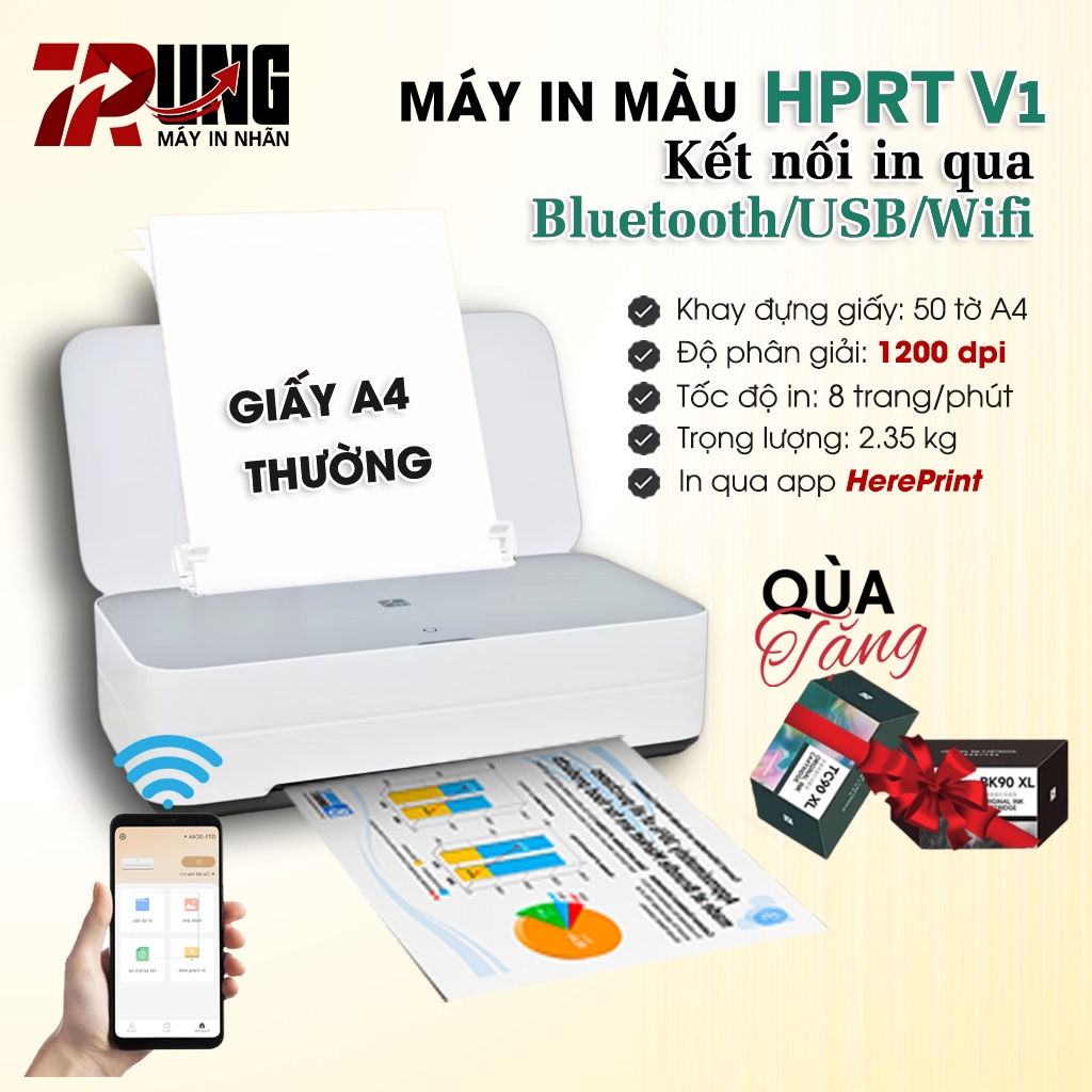 Máy In Màu HPRT V1 ✴️Tặng 2 hộp mực ✴️ In Nhanh Từ Điện Thoại - Nhỏ Gọn Dùng Cho Gia Đình, Văn Phòng