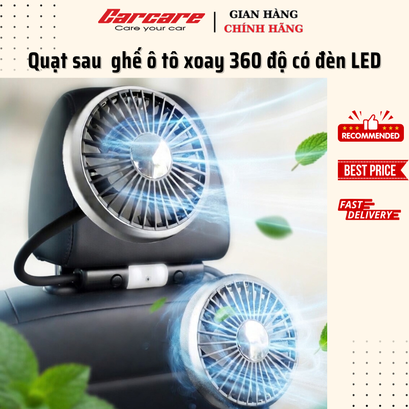 Quạt sau ghế cho ô tô, Quạt đôi cắm USB gắn sau ghế xe hơi xoay 360 độ có tích hợp đèn LED