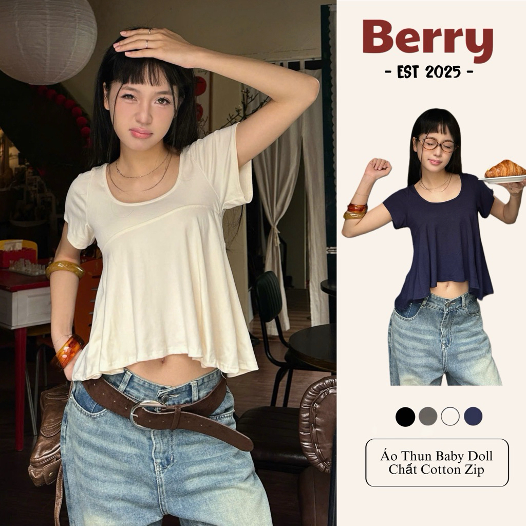 Áo Thun Cộc Tay Berry Dáng Baby Doll Chất Cotton Zip Mã B1