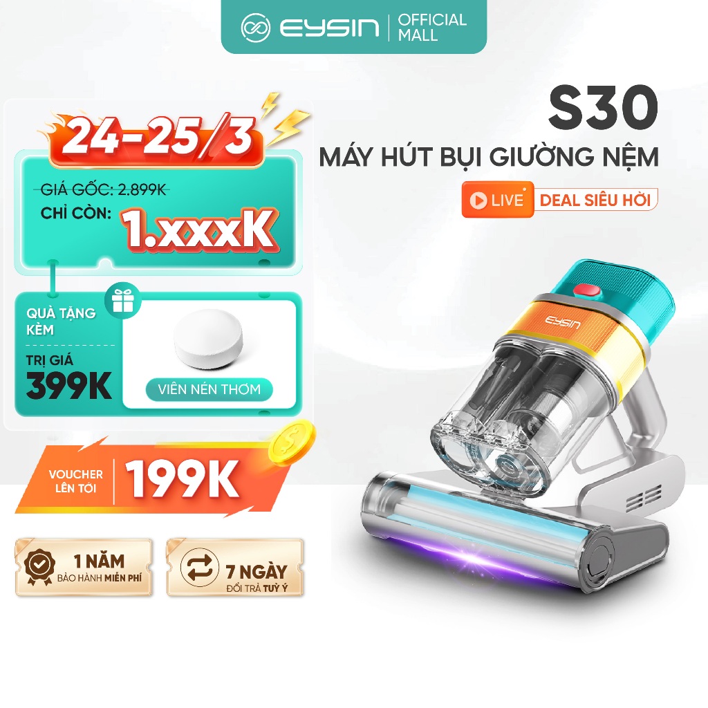 Máy hút bụi giường nệm EYSIN S30 Lực hút mạnh 21000PA Công suất 400W Đèn UV khuẩn Lõi lọc HEPA đa tầng Cốc Đựng bụi đôi