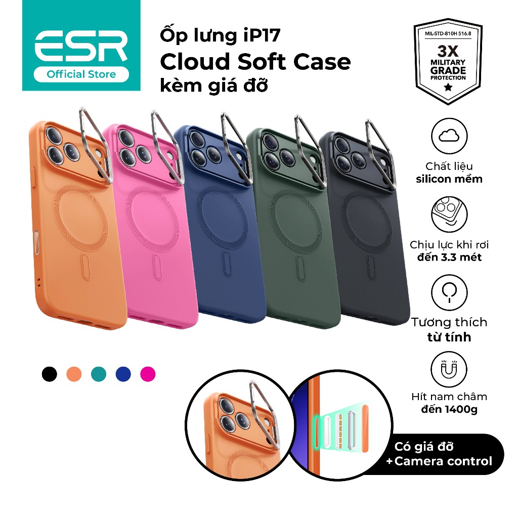Ốp lưng ESR Cloud Soft Case kèm giá đỡ HaloLock cho iP 17 chống sốc