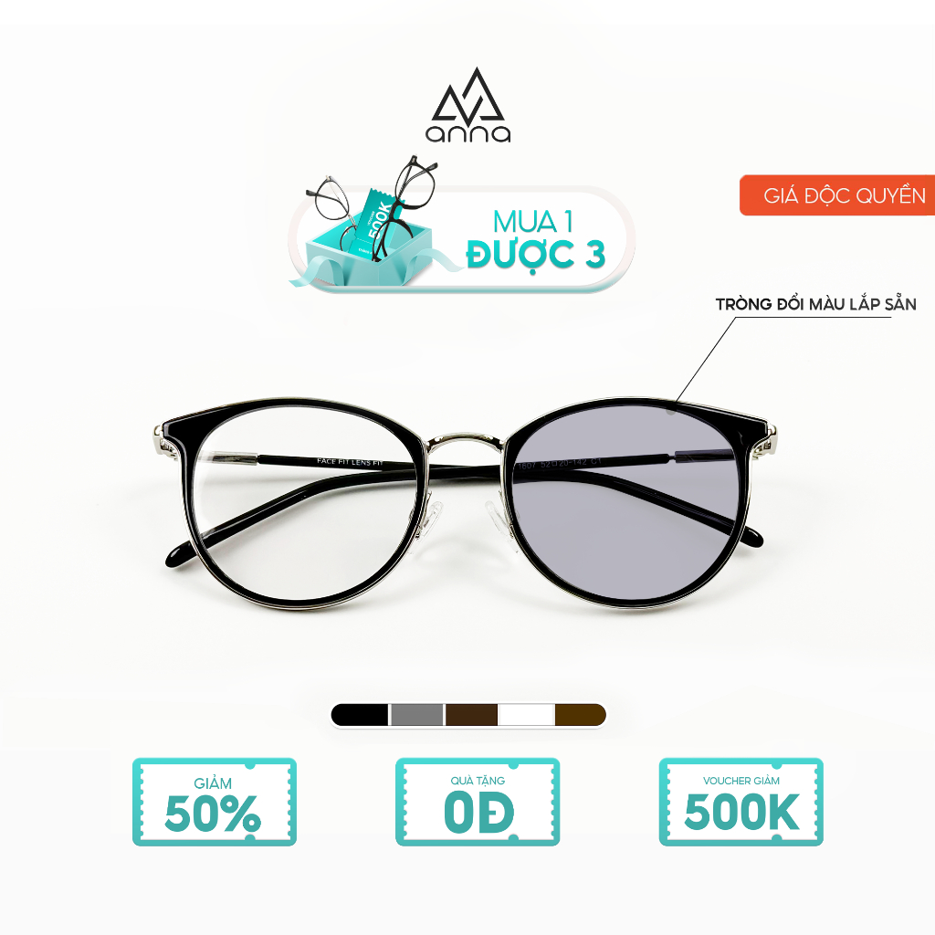 Gọng kính thời trang Anna công sở kèm tròng đổi màu khi ra nắng 0 độ dáng oval cao cấp 1607
