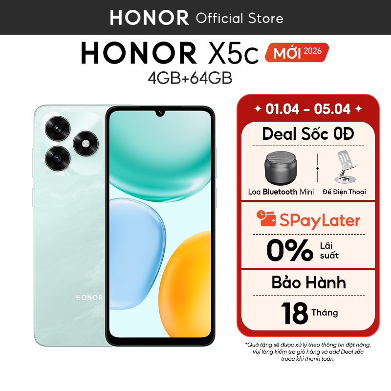 [MỞ BÁN ĐỘC QUYỀN] Điện Thoại Honor X5c (4+4) GB + 64 GB | Màn Hình 6.74 inch | Pin 5260 mAh | Bảo Hành 18 Tháng