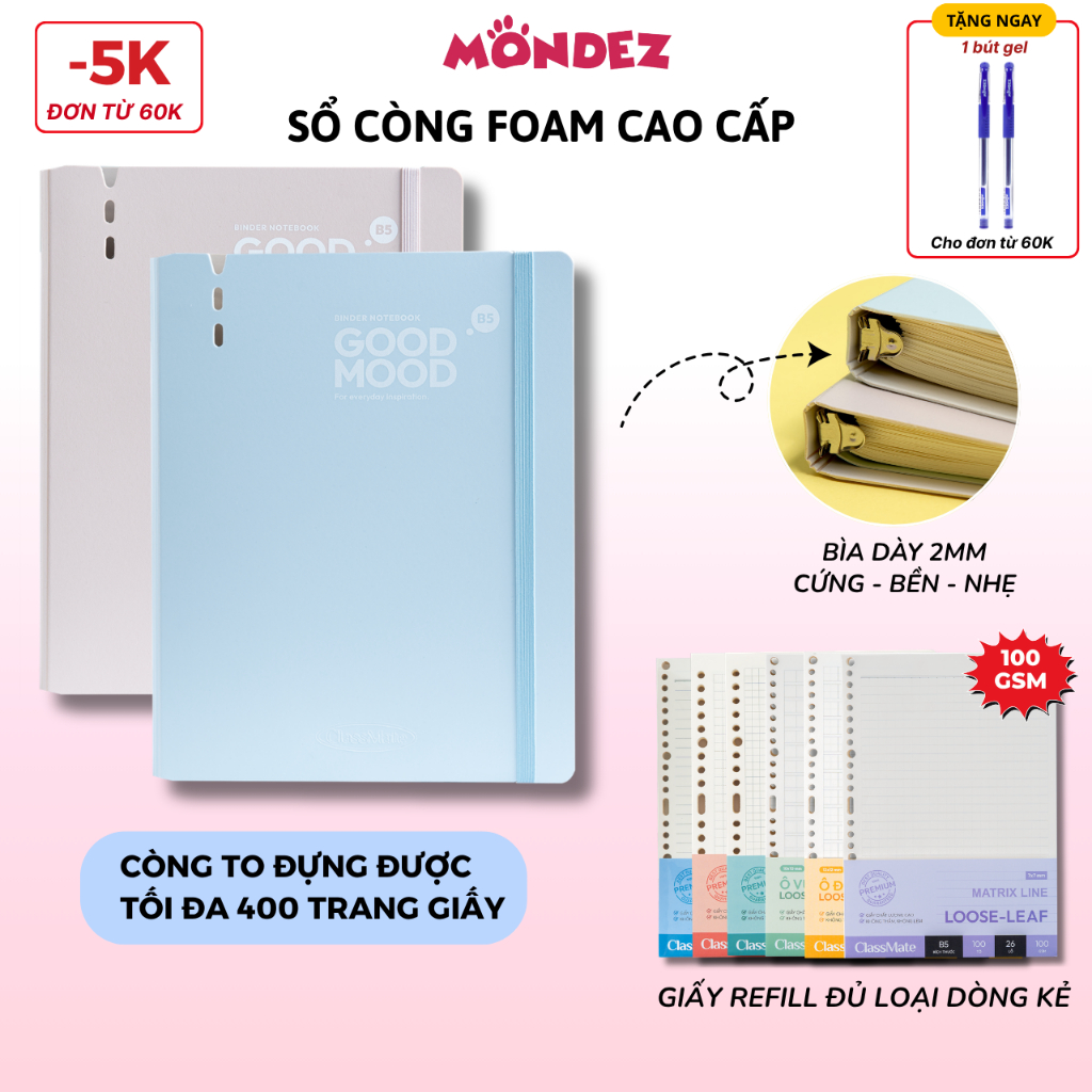 Sổ Còng B5 Cao Cấp Bìa Foam Cứng Cáp Bền Nhẹ, Giấy Refill Đủ Loại Dòng Kẻ 100GSM Đựng Tối Đa 400 Trang Giấy