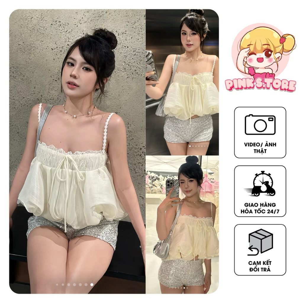 [Tiểu Thư Mùa Hè] ÁO 2 DÂY NỮ PHỐI REN BỒNG BỀNH NGỌT NGÀO by PINKS.tore