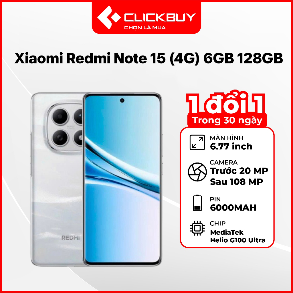 Điện Thoại Xiaomi Redmi Note 15 (4G) 6GB/128GB Chính Hãng Màn Hình AMOLED Pin 6000mAh