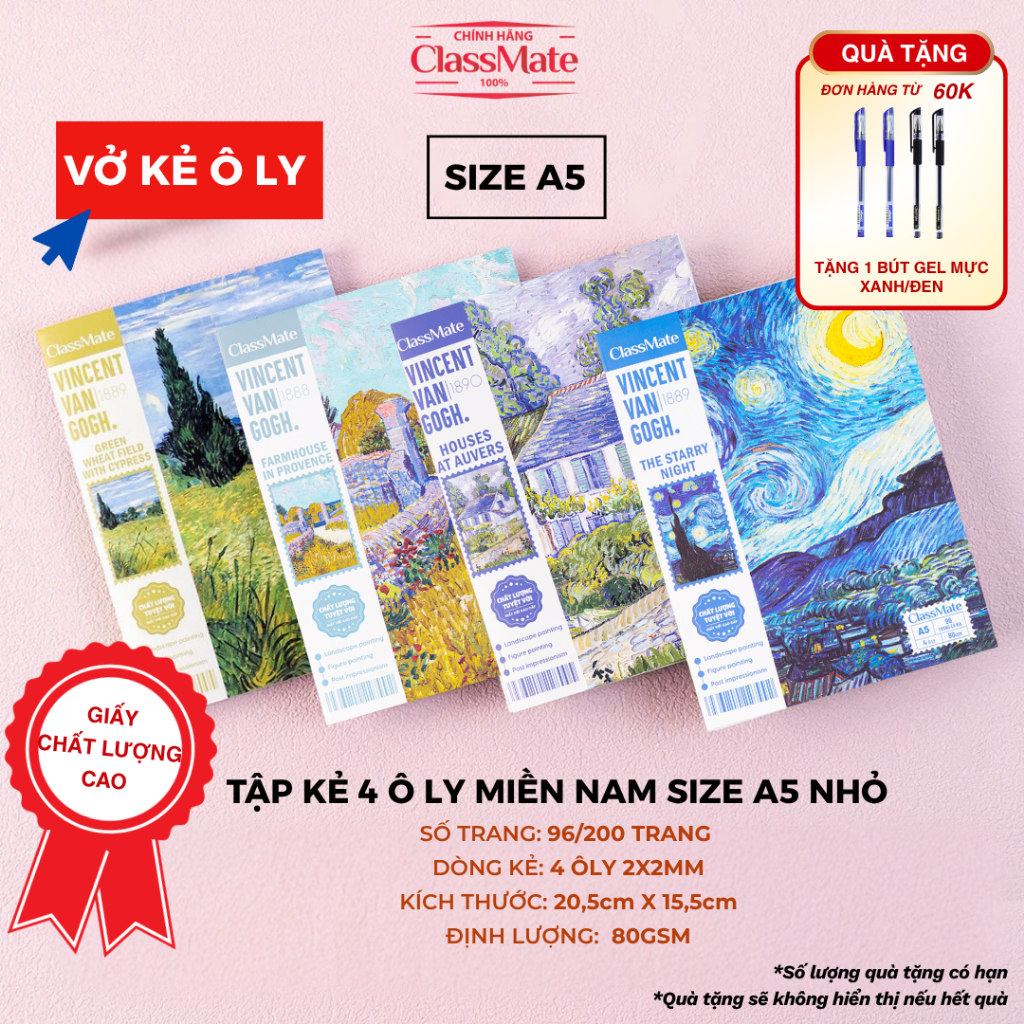 [VỞ MIỀN NAM] Tập Van Gogh 96/ 200 Trang 4 Ô Ly, Tập Học Sinh Size A5 Nhỏ CLASSMATE 80gsm Không Lem NA5-09-009/20-010