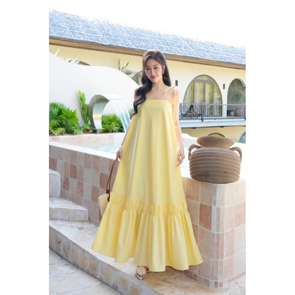 LEYLA - Đầm maxi dáng dài màu Vàng hot trend kiểu 2 dây dáng rộng có kèm dây hoa trang trí có size lớn cho bầu mặc được