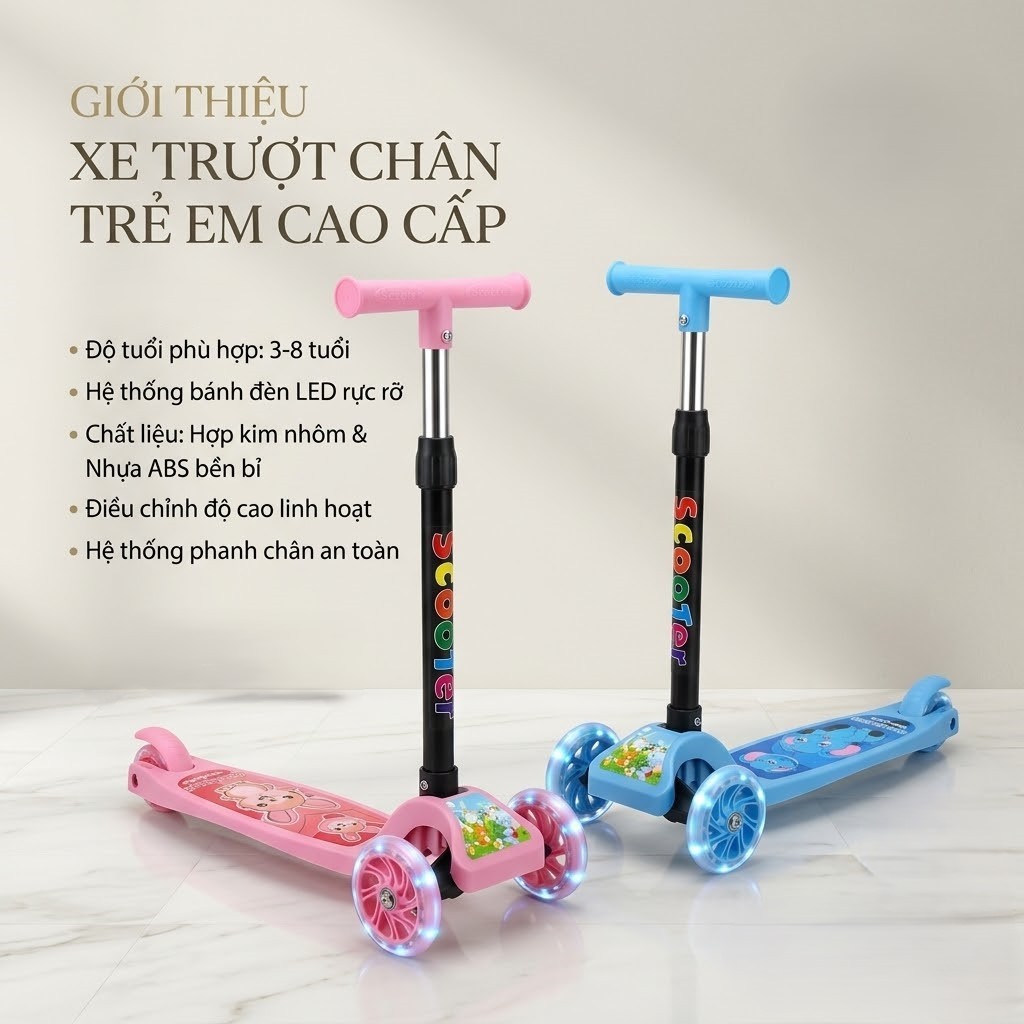 Xe Trượt Scooter đa năng cho bé, 3 bánh gấp gọn có đèn phát sáng bền chắc, tải trọng tối đa 30kg