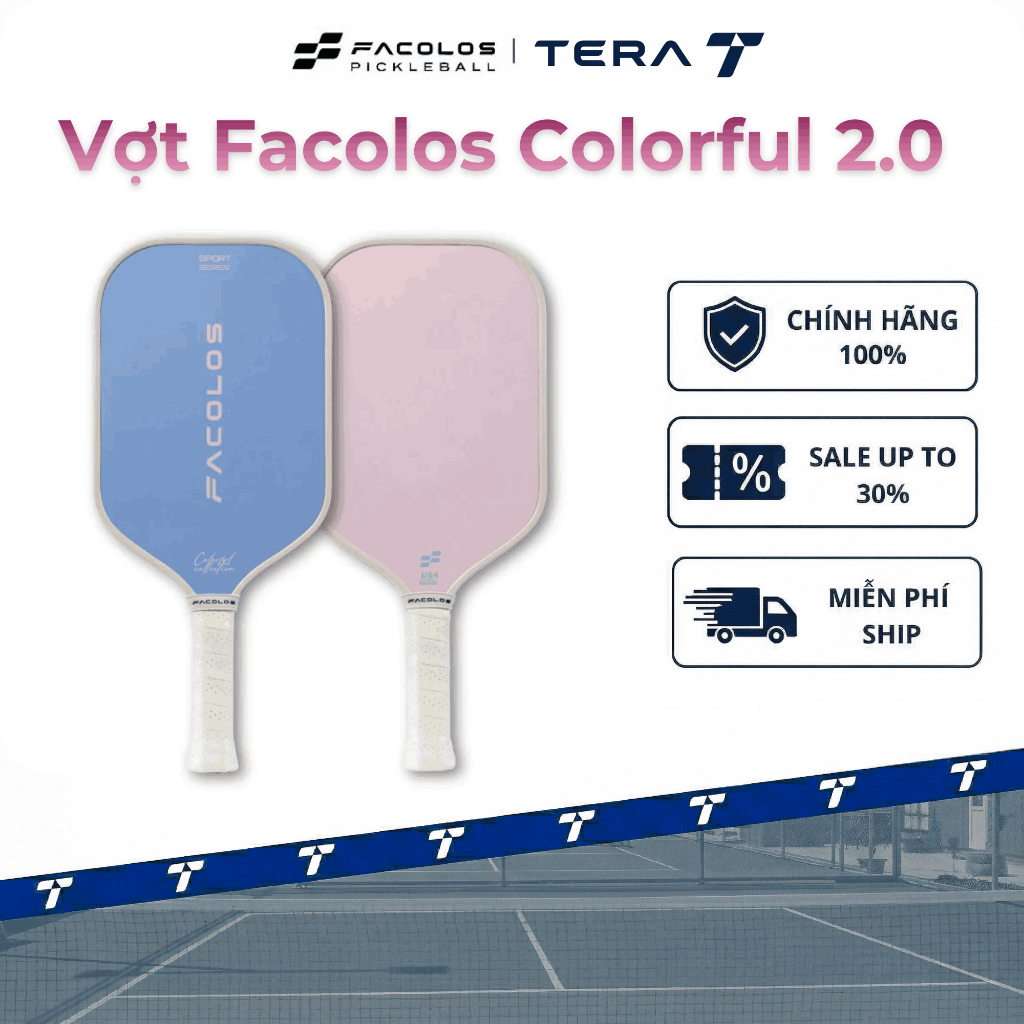 Vợt pickleball Facolos Colorful 2.0 - Mặt vợt carbon siêu bền, combo hộp quà tặng và cuốn cán
