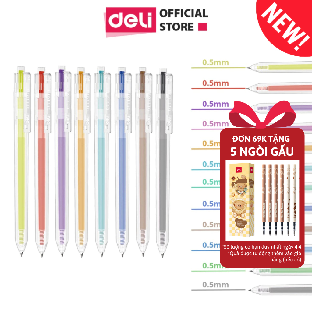 [Tặng 5 Ngòi] Bút bi nước mực gel bấm EG118 nhiều màu 0.5mm Deli xinh xắn nhanh khô viết đều nhiều mực