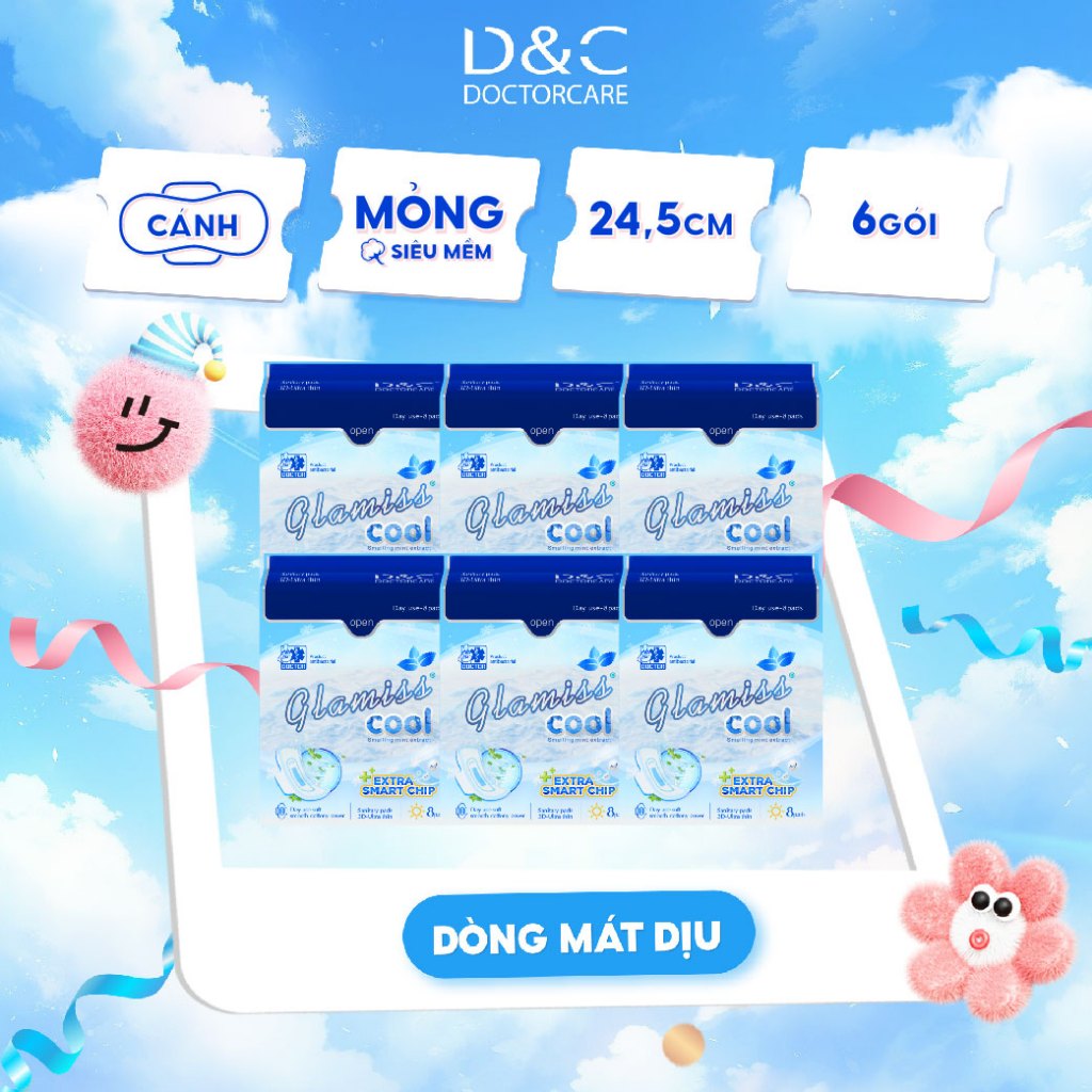 Combo 6 gói Băng vệ sinh thảo dược the mát Glamiss Cool Extra ban ngày 24,5 cm