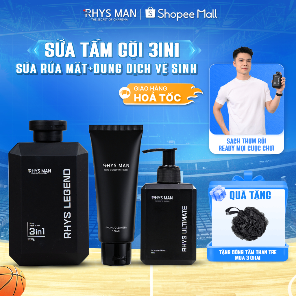 Sữa tắm gội nam 3in1 350ml & Dung dịch vệ sinh nam 120ml & Sữa rửa mặt nam 100ml RHYS MAN