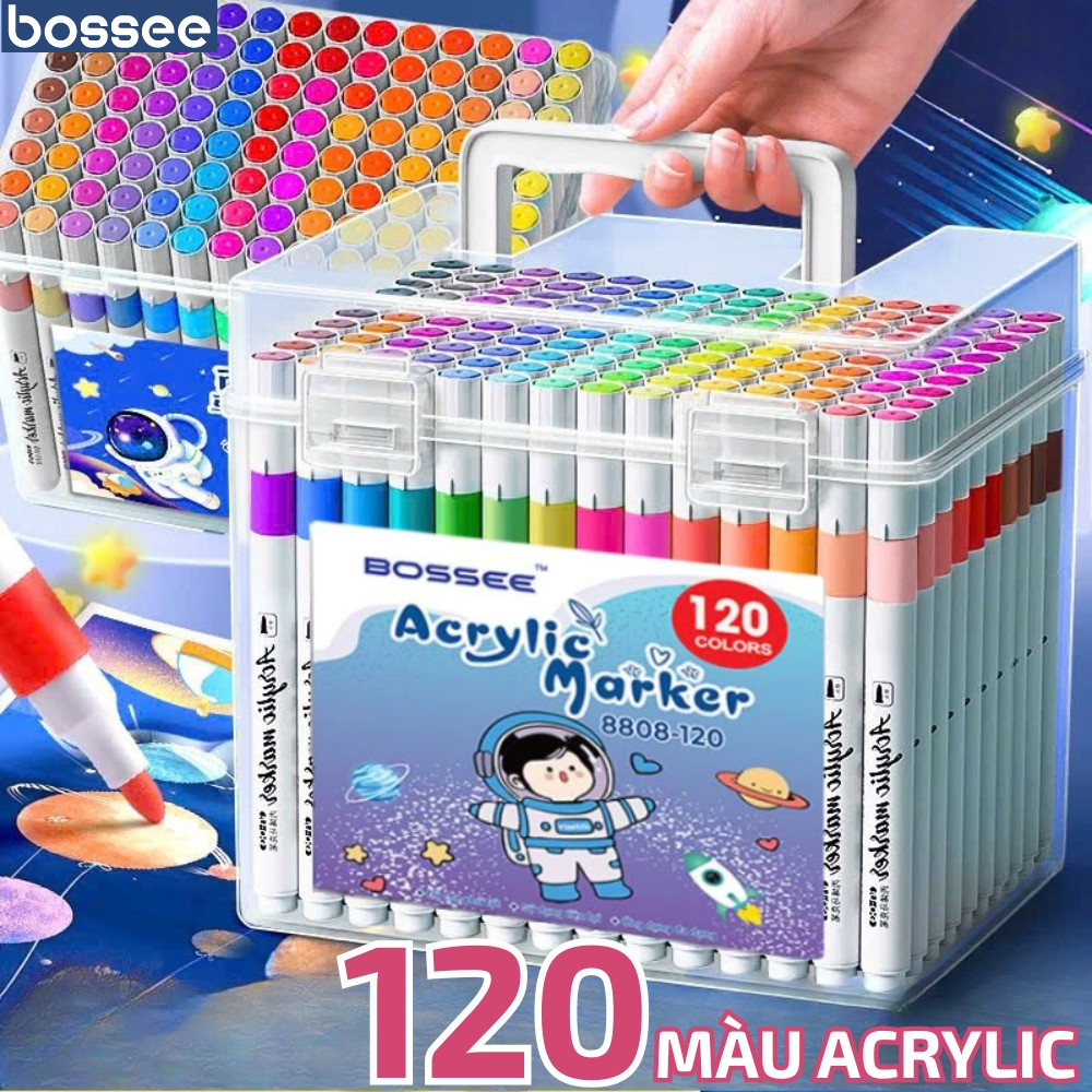 Hộp 120 Màu Acrylic Marker Bossee, Bút Màu Acrylic Cao Cấp Thiết Kế Hộp Nhựa Tiện Lợi