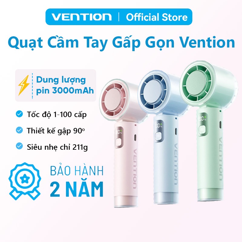 Quạt Cầm Tay Vention 100 Cấp Độ Gió, Gập 90°, Pin 3000mAh 8H, LED Hiển Thị, Motor 13000RPM, Mini Treo Cổ Để Bàn