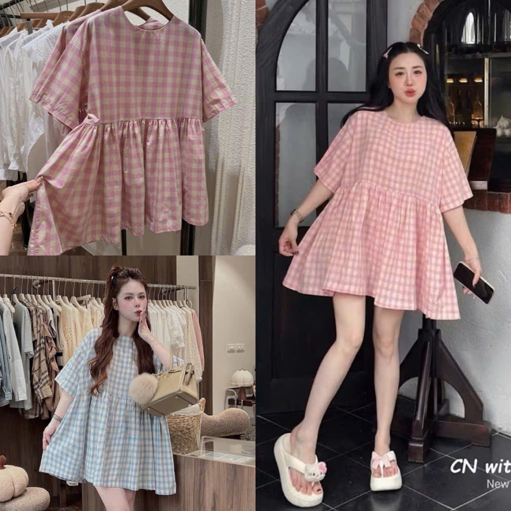 Áo Váy Babydoll Họa Tiết Kẻ Caro Ngắn Tay Cổ Tròn Đầm Bầu Dáng Ngắn Form Rộng