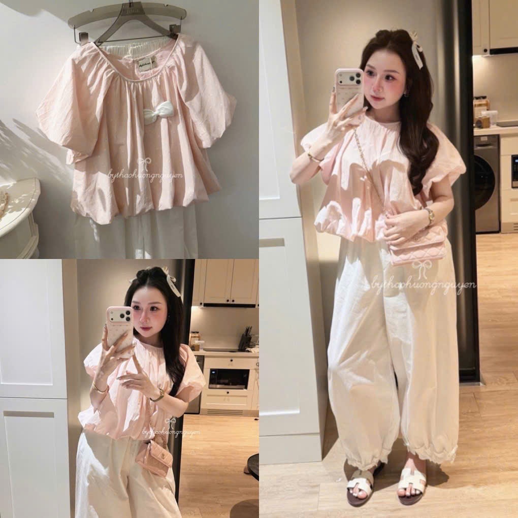 Set Bộ Đồ Nữ Thô Mềm Áo Màu Hồng Chấm Bi Cổ Tròn Tay Bồng Gấu Bí Phồng Mix Quần Sài Ống Rộng Bèo Gấu