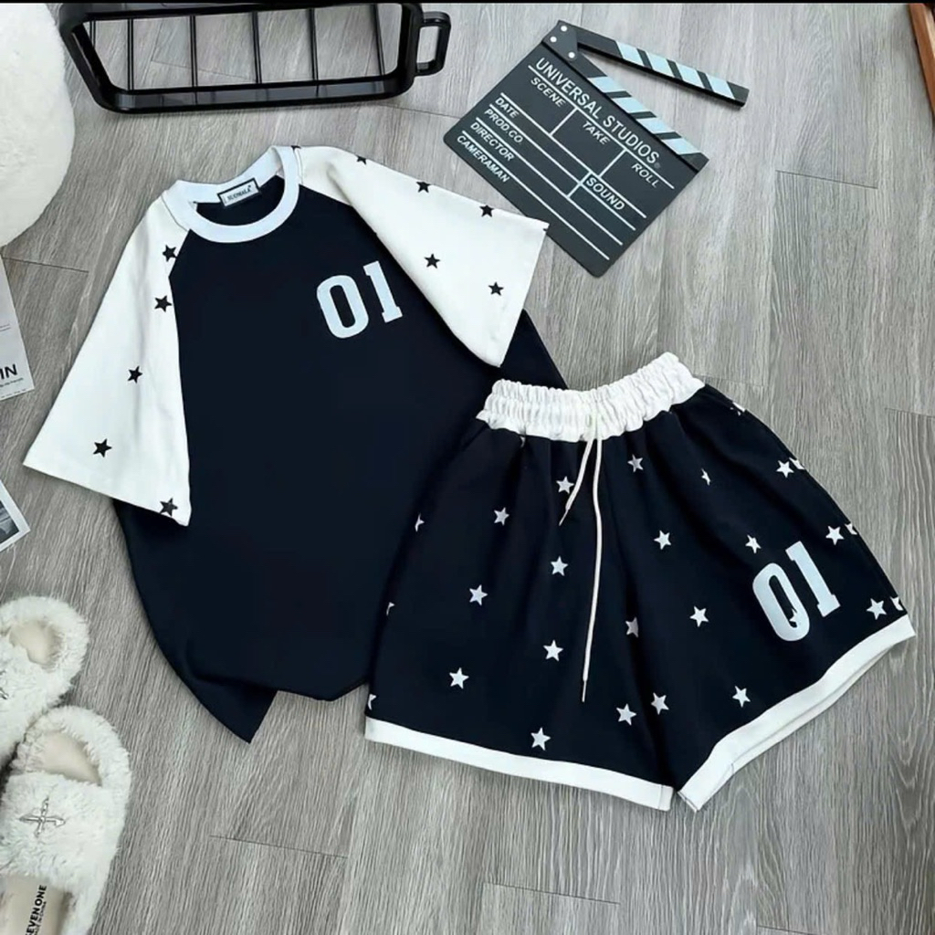 Bộ Đồ 01 Raplan In Sao Style Hàn Quốc. Bộ đồ ngắn tay form rộng mùa hè dễ thương