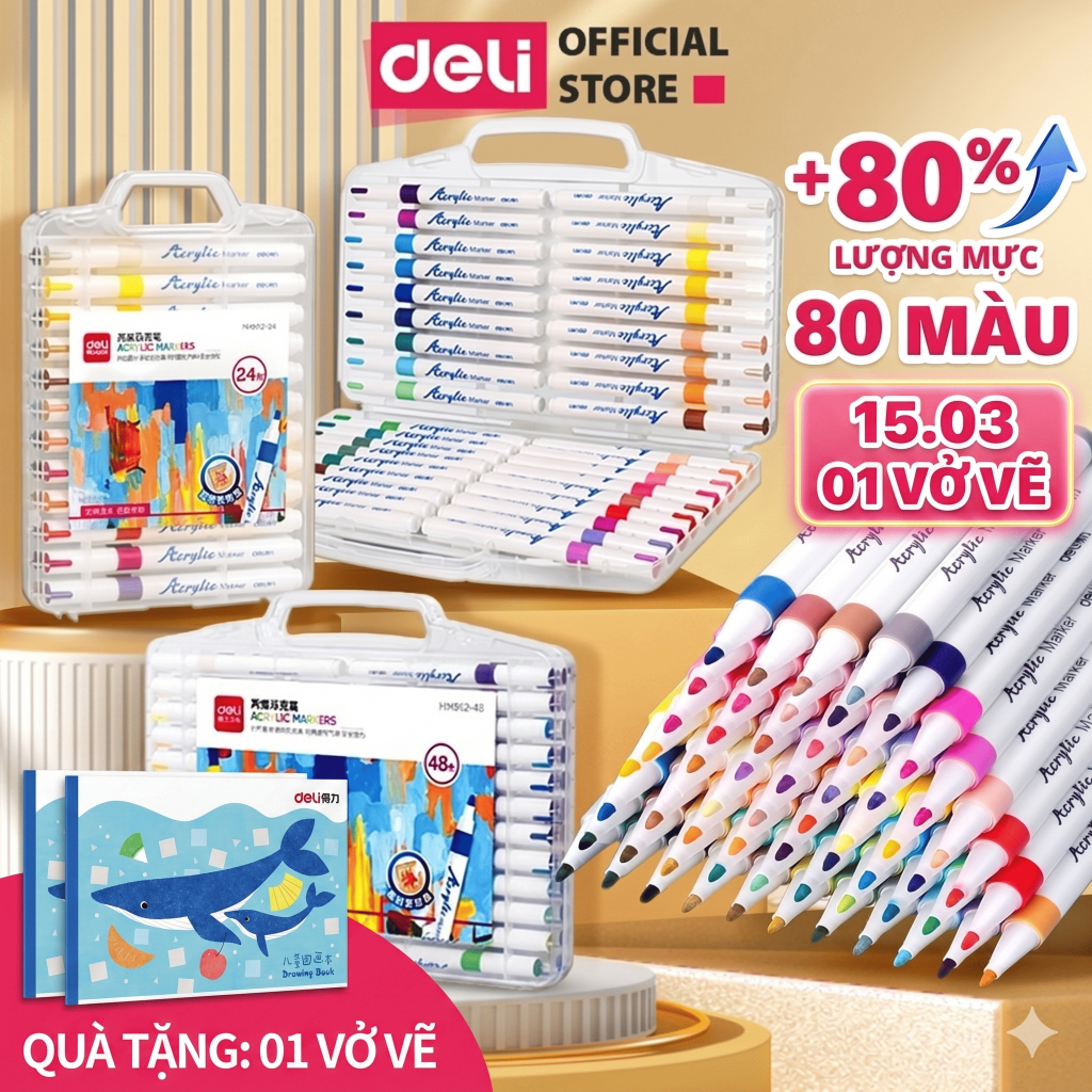 [TẶNG 12MÀU SÁP] Bút Sơn Acrylic Marker Deli Chính Hãng -12/24/36/48/64/80 Màu Trên Mọi Chất Liệu DIY Vẽ Giày Vải Chai