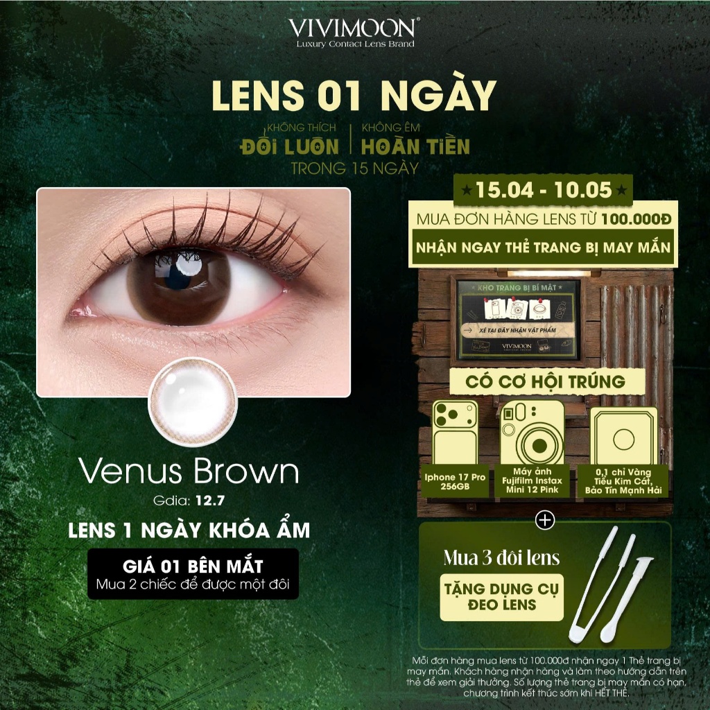 VIVIMOON lens cận 1 ngày khóa ẩm màu nâu tự nhiên Venus Brown (Giá 1 chiếc - 1 bên mắt, x2 để chọn 01 đôi)