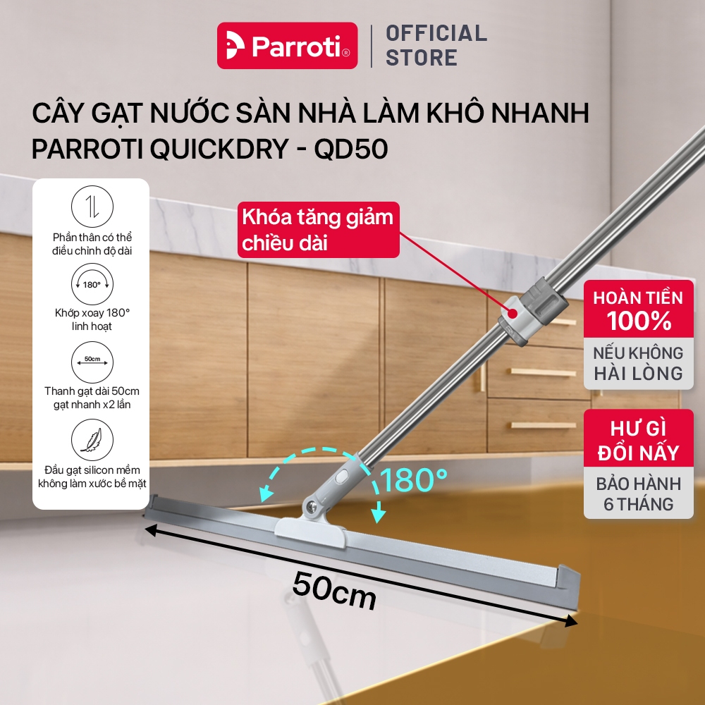 Cây Gạt Nước Sàn Nhà Tắm,Toilet, Chổi Gạt Nước Sân Vườn Đầu Silicon Xoay 180 độ, Cán Inox Không Ghỉ, Parroti - QD50