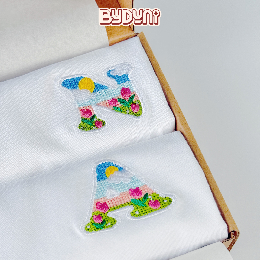 Áo thun THÊU cặp đôi BY.DUNI nam nữ form rộng Local Brand tay lỡ unisex, áo bạn thân chữ cái KÝ TỰ YÊU THƯƠNG màu TRẮNG