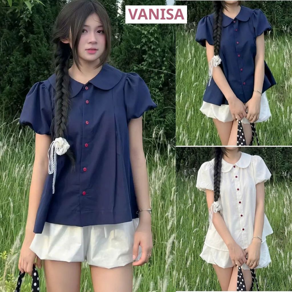 Áo babydoll kiểu cổ bèo sen tay phồng dáng sơ mi form rộng siêu xinh đen xanh VANISA SM933