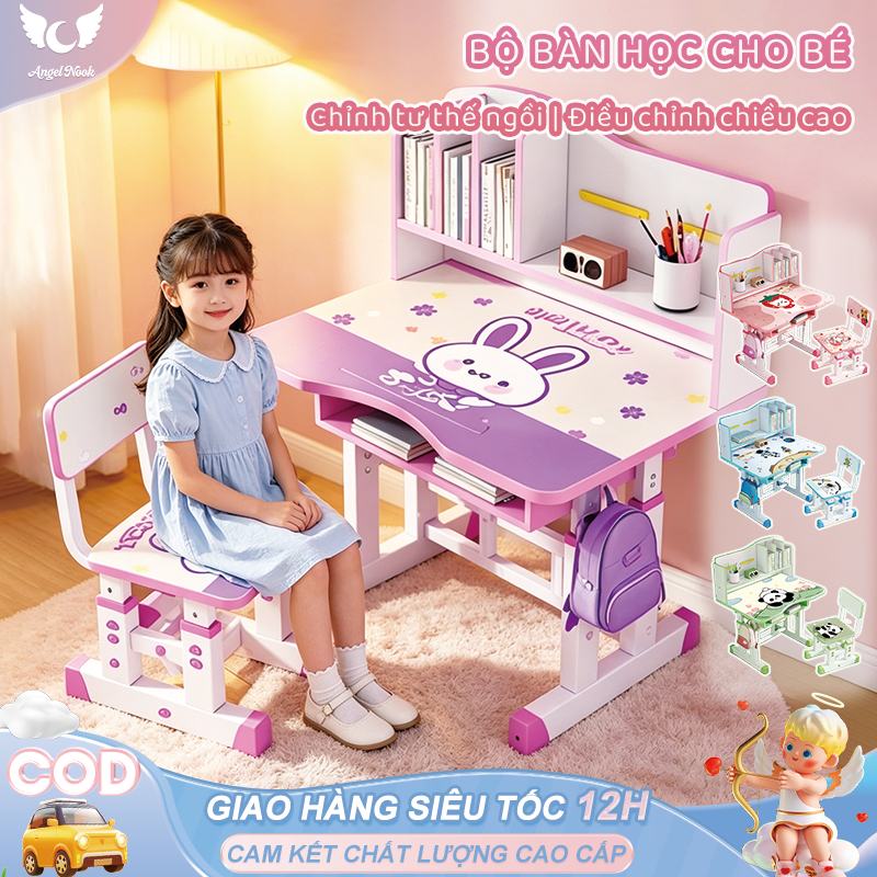 Bộ bàn học cho bé, Bàn học gỗ tự nhiên chỉnh cao - Tăng chỉnh 0-18 tuổi, an toàn cho bé