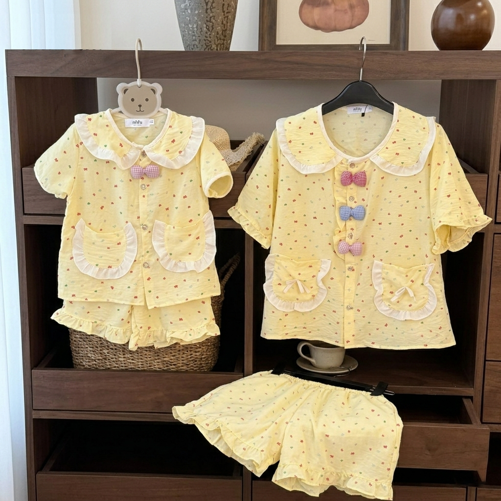 Bộ đũi hàn cho mẹ và bé phối nơ ngắn tay quần đùi hoạ tiết dễ thương (8-65kg) - MYNA PYJAMAS