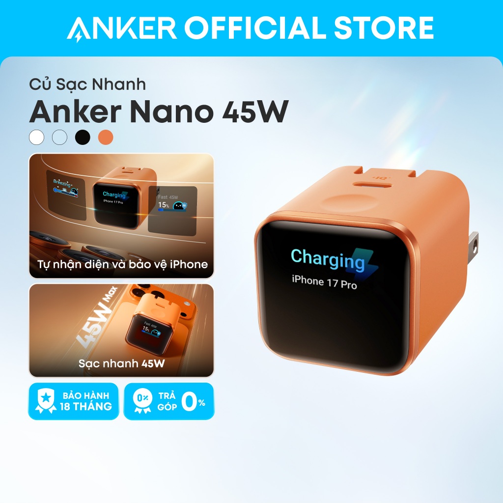 Sạc Anker Nano 45W, Sạc Nhanh USB C Nhỏ Gọn với Phích Cắm Gấp Được, Tương Thích iPhone 17 Series,sạc nhanh samsung A121D