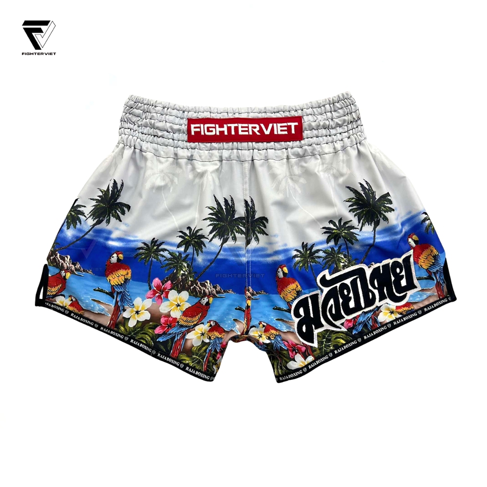 Quần Muay Thai Raja x FighterViet “Island Warrior” Muay Thai Shorts – White
