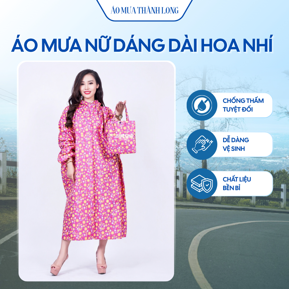 Áo mưa nữ dáng dài hoa nhí chống nước form rộng che kín toàn thân chất liệu dày cao cấp