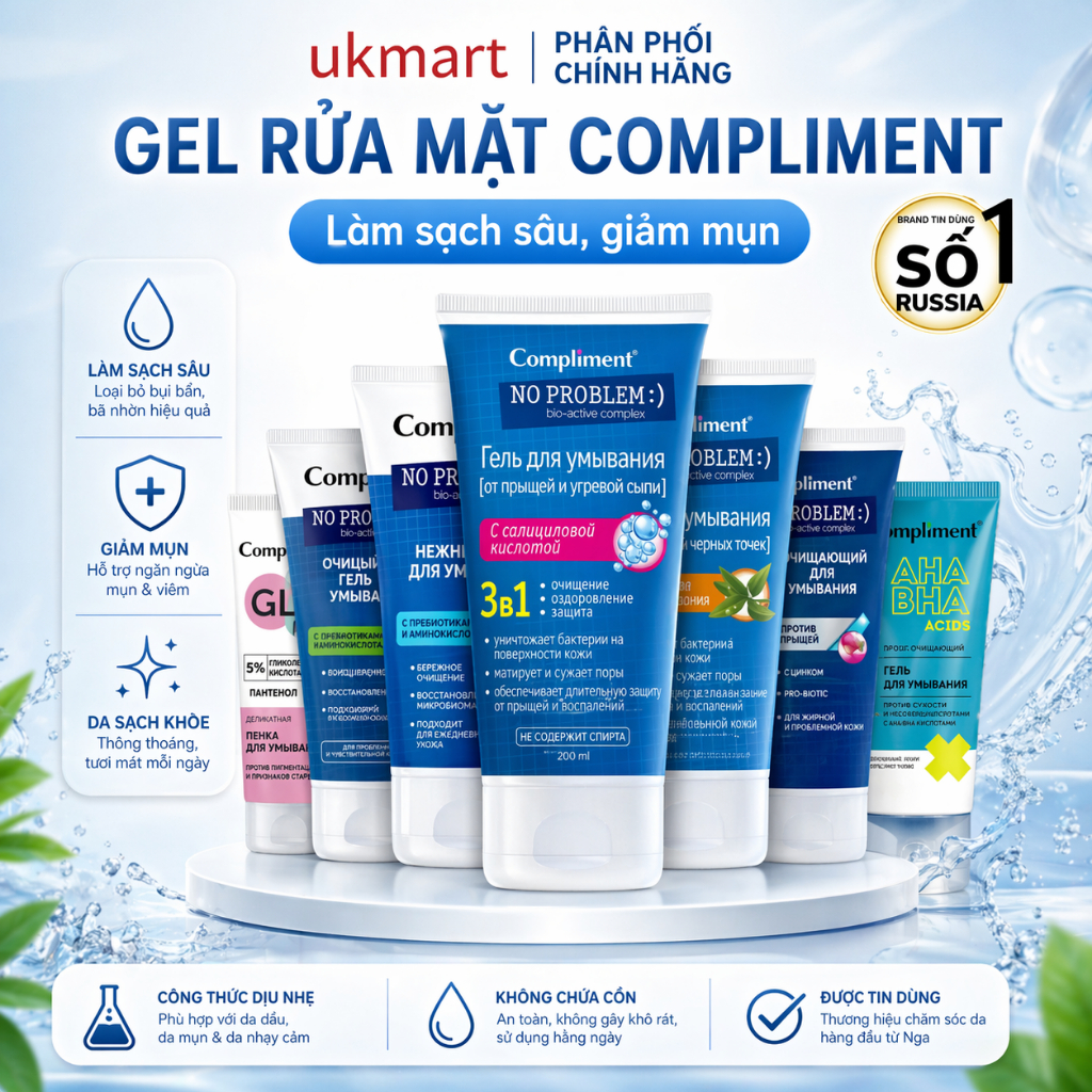 Gel rửa mặt BHA Compliment No Problem làm sạch sâu, giảm viêm & mụn 200ml