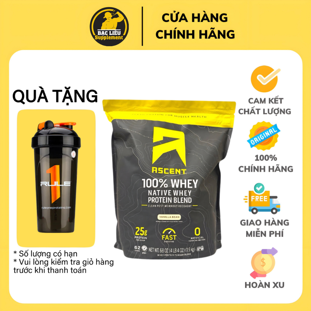Ascent 100% Whey NATIVE WHEY PROTEIN - Túi 4Lbs (1.9kg) - 62 lần dùng - Hỗ trợ tăng cơ, giảm mỡ