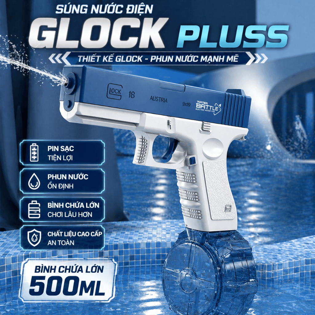 Súng Nước Glock G18 Pin Sạc – Bắn Tự Động/Cơ, Áp Lực Mạnh 7m, Đồ Chơi Mùa Hè Cho Bé