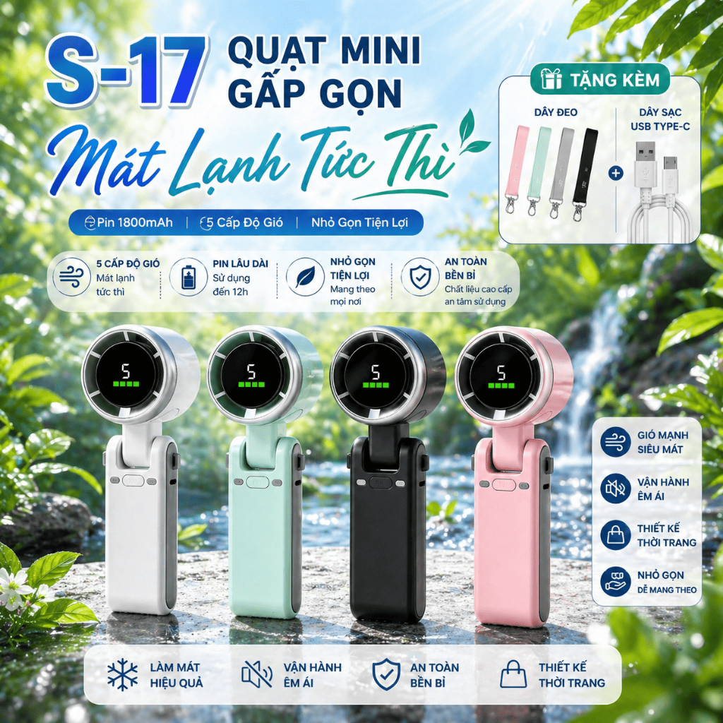 Quạt Cầm Tay Mini N607 Turbo 4000mAh – Gió Mạnh 5 Cấp, Gấp Gọn 180° Để Bàn